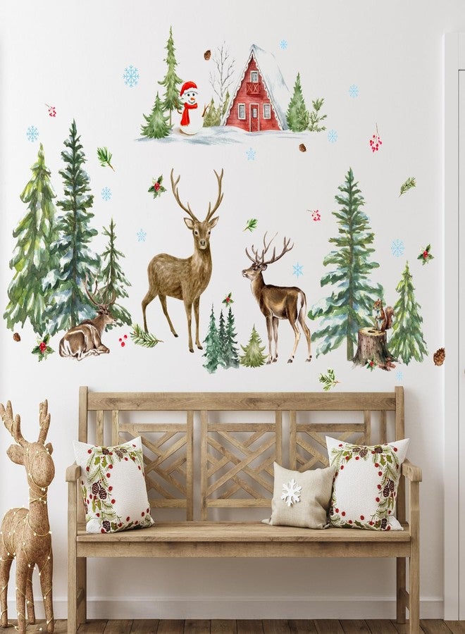 Aurbhosa Merry Christmas Wall Decal Pine Tree Deer Wall Sticker Peel and Stick Woodland Forest Wall Decals Winter Snowman Snowflake Wallpaper for Playroom Nursery Xmas Decor - Image 1