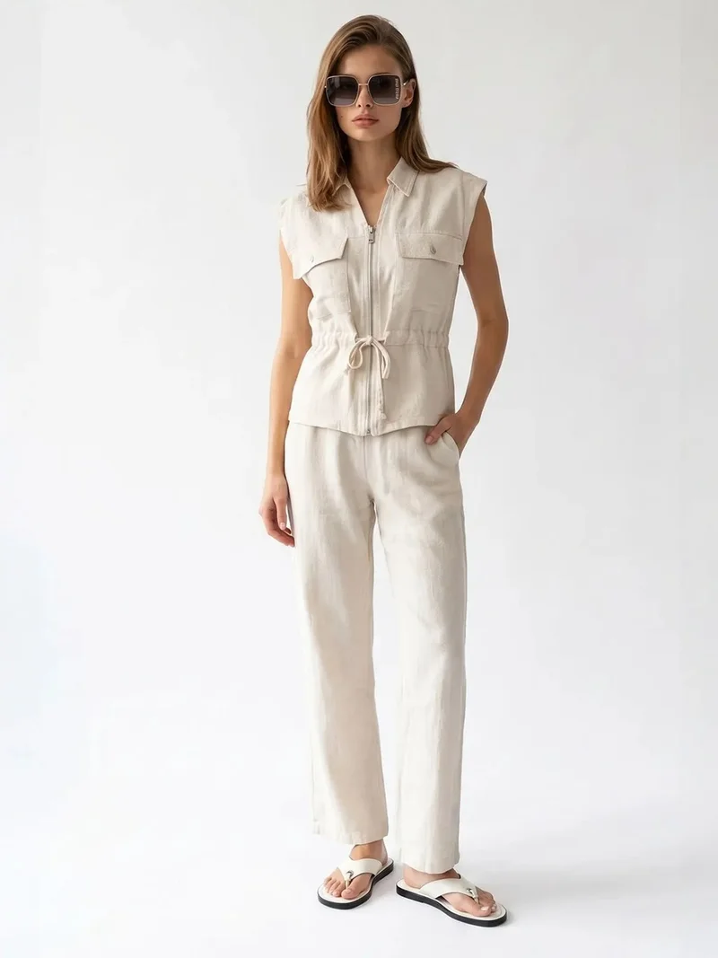 Mixray MIXRAY Cotton Sleeveless Vest And Wide-Leg Trousers Set