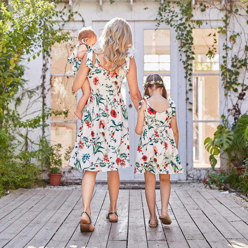 PopReal Mommy and Me Floral Printed Sleeveless Bowknot Chiffon Beach Romper Family Match Dress,White,baby-12-18months - Image 4