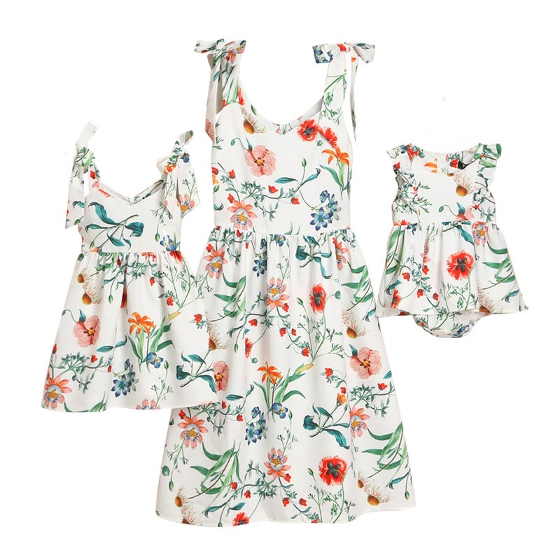 PopReal Mommy and Me Floral Printed Sleeveless Bowknot Chiffon Beach Romper Family Match Dress,White,baby-12-18months - Image 1