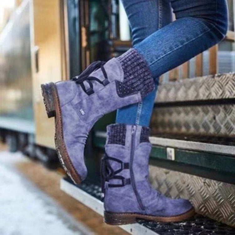 Cross-border Foreign Trade 2020 Autumn and Winter New Comfortable Warm Low-heeled Square-heeled Round-head European and American Wool Mid-barrel Women's Leather Boots - Image 2