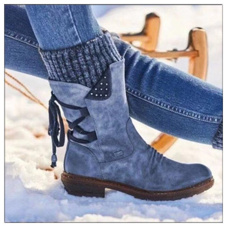 Cross-border Foreign Trade 2020 Autumn and Winter New Comfortable Warm Low-heeled Square-heeled Round-head European and American Wool Mid-barrel Women's Leather Boots - Image 4