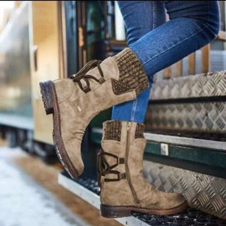 Cross-border Foreign Trade 2020 Autumn and Winter New Comfortable Warm Low-heeled Square-heeled Round-head European and American Wool Mid-barrel Women's Leather Boots - Image 1