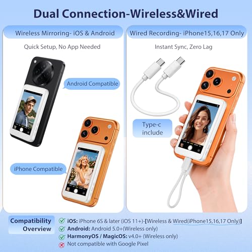VOGBY Vlog Selfie Monitor Screen for iPhone 17 Series AndroidBuiltin SpeakerWireless Wired Magnetic 4K1080P Phone Back Camera Monitor with Remote Control for Live Stream TikTok White - Image 3