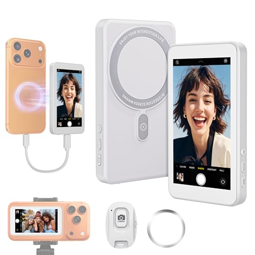 VOGBY Vlog Selfie Monitor Screen for iPhone 17 Series AndroidBuiltin SpeakerWireless Wired Magnetic 4K1080P Phone Back Camera Monitor with Remote Control for Live Stream TikTok White - Image 1