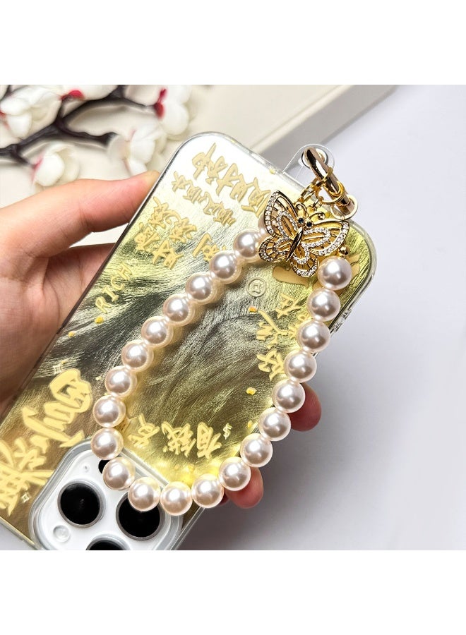 NIBEMINENT Phone Charm/ Chain Strap for Women Girls, Water Crystal Butterfly Pearl Cell Phone Case Lanyard Wrist Strap - Image 2