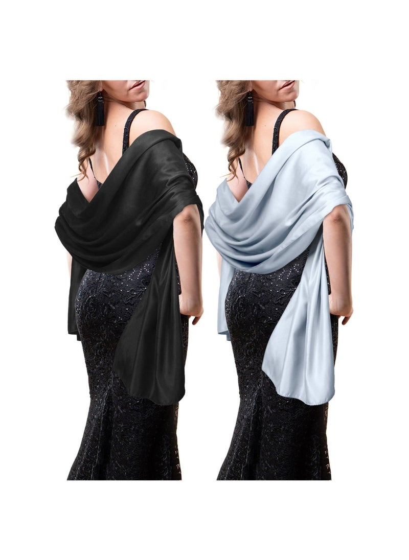 SYOSI - 2 Pieces Silky Satin Shawls and Wraps for Women Evening Dress, Lightweight Long Bridal Elegant Bright Wedding Stole (Black, Light Grey), about 70.87 x 27.56 inches - Image 1