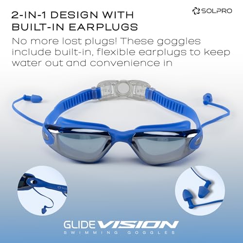 Solpro Glide Vision Unisex Adult Swimming Goggles for Women,Men,Boys,Girls,Teenagers,Athletes,Swimmers|2 in 1 with Built In Earplugs for Training,Competition in Pool,Beach,Water Sport,Activties(Blue) - Image 3