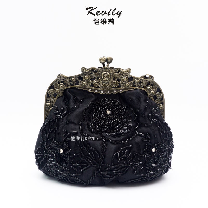 Now "Kai Weili Rose Embroidered Sequins Embroidered Beads Evening Bag Retro Dress Party Cheongsam Handbag - Image 2