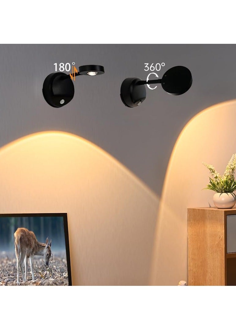 Rechargeable Motion Sensor Picture Light, Spotlight Painting Light, LED Wall Light, Night Light, 3 Colors and Dimmable 360° Rotation with Remote Control (Black)