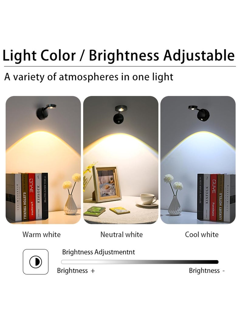 Rechargeable Motion Sensor Picture Light, Spotlight Painting Light, LED Wall Light, Night Light, 3 Colors and Dimmable 360° Rotation with Remote Control (Black)