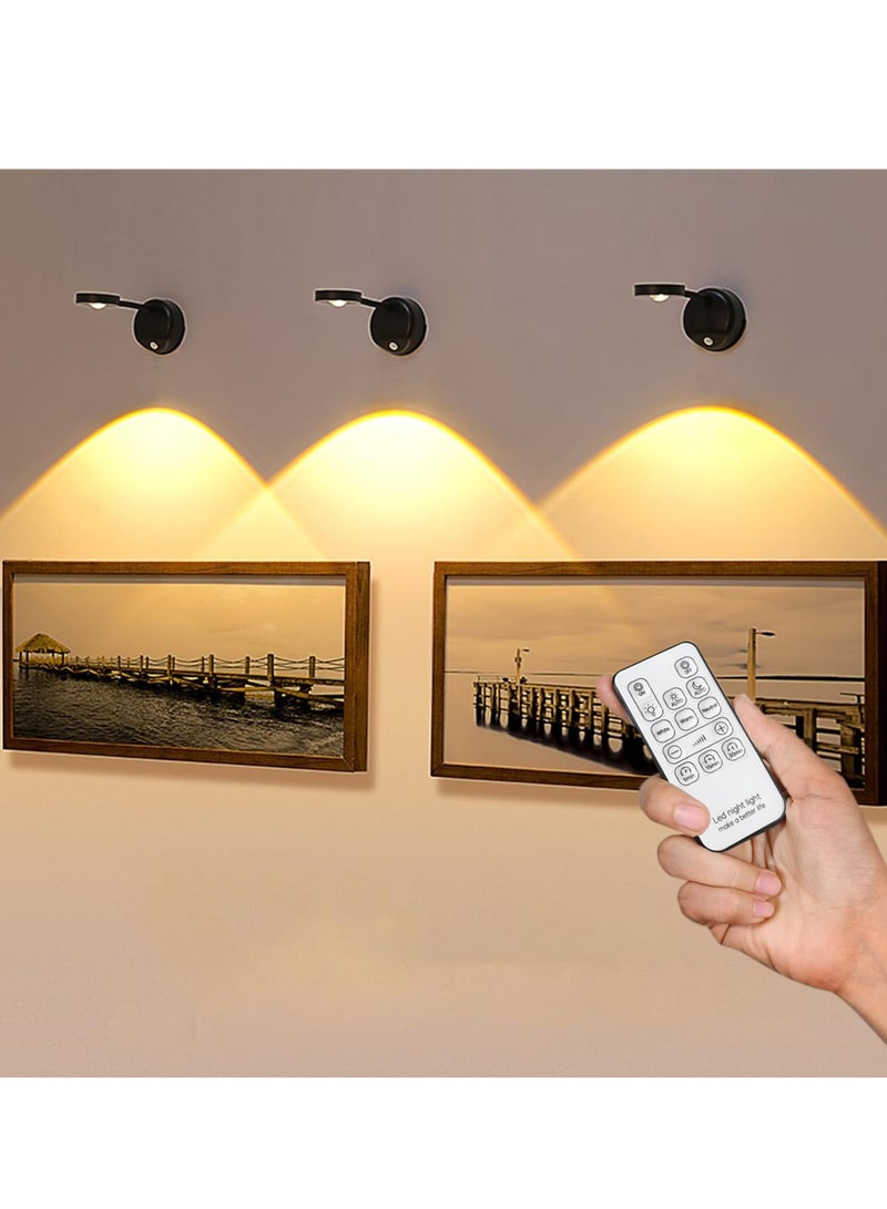 Rechargeable Motion Sensor Picture Light, Spotlight Painting Light, LED Wall Light, Night Light, 3 Colors and Dimmable 360° Rotation with Remote Control (Black)