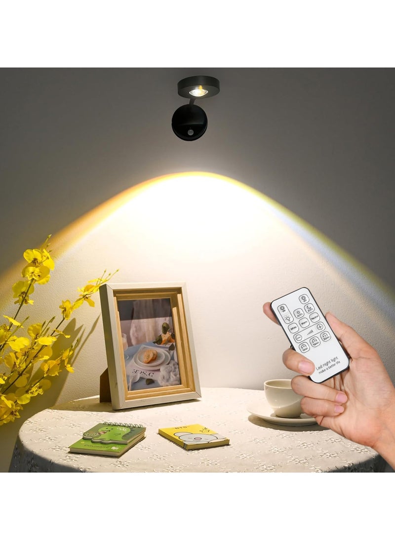 Rechargeable Motion Sensor Picture Light, Spotlight Painting Light, LED Wall Light, Night Light, 3 Colors and Dimmable 360° Rotation with Remote Control (Black)