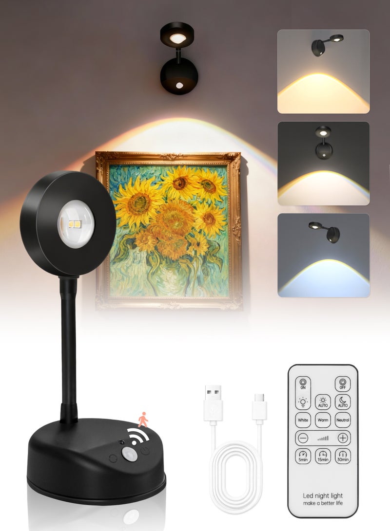Xkimos Rechargeable Motion Sensor Picture Light, Spotlight Painting Light, LED Wall Light, Night Light, 3 Colors and Dimmable 360° Rotation with Remote Control (Black) - Image 1