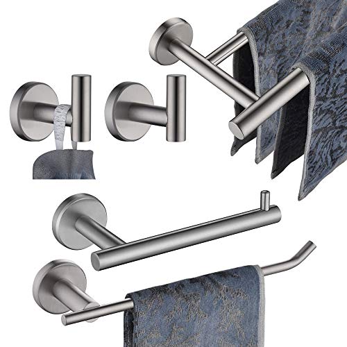 JQK Bath Hardware Towel Bar Accessory Set, 5-Piece Bathroom Accessories Fixtures Set Brushed Finished Wall Mount Includes 24" Towel Bar, 9" Hand Towel Bar, Toilet Paper Holder, Robe Hook x2, BAS105-BN - Image 1
