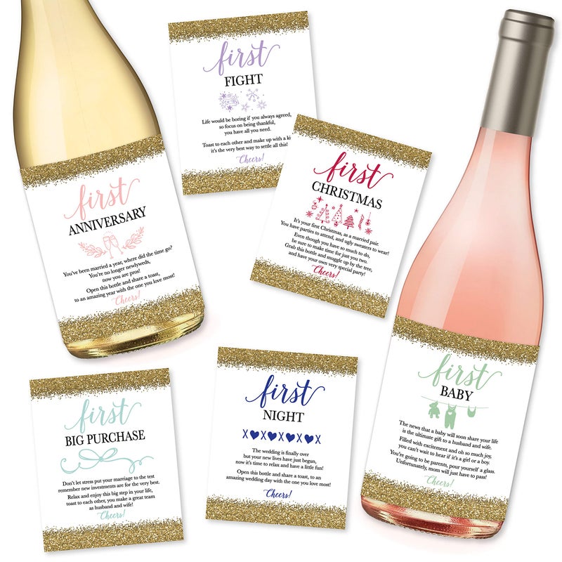 Hadley Designs 6 Wedding Milestones Gift Wine Bottle Labels or Sticker Covers Bachelorette Engagement Party Present Perfect Best Registry for Bride to Be Firsts for The Newlywed Basket Ideas