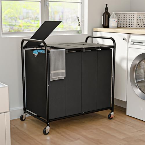 Olldide Laundry Sorter 4 Sections 48 Gal, Rolling Laundry Basket with Lockable Wheels and Lid, Laundry Hamper with 4 Separated Removable Bags Dirty Clothes Hamper for Laundry Room Organizer, Black - Image 1
