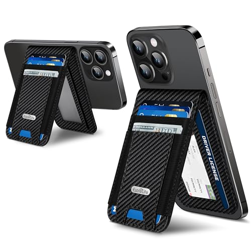 ExtreLife For Magsafe Wallet Stand, Strongest Magnetic Wallet for iPhone 17/16/15/14/13/12 Series, ID Window, 4 Card Slots, Fit 9 Cards, Vegan Leather, RFID Blocking, Black Carbon Fiber - Image 1