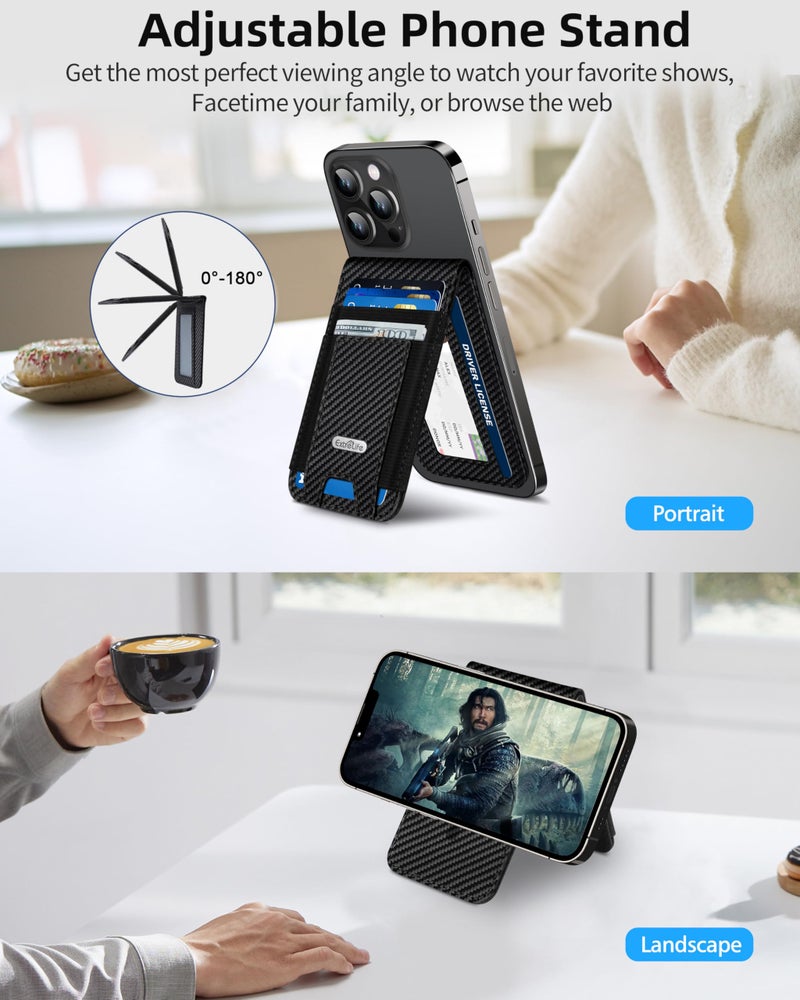 ExtreLife For Magsafe Wallet Stand, Strongest Magnetic Wallet for iPhone 17/16/15/14/13/12 Series, ID Window, 4 Card Slots, Fit 9 Cards, Vegan Leather, RFID Blocking, Black Carbon Fiber - Image 2