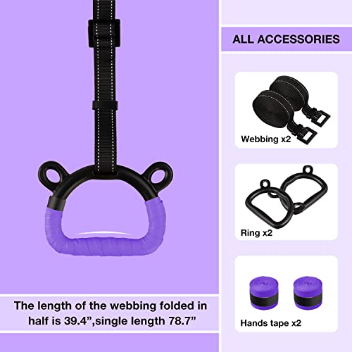 EXQ Home Kids Gymnastic Rings Pull up Rings for Chlidren Exercise,Indoor Gym Ring,Kids Gymnastics Rings with Adjustable Straps,Load Bearing 220lb,Purple Hands Tape (NO Bar) - Image 2