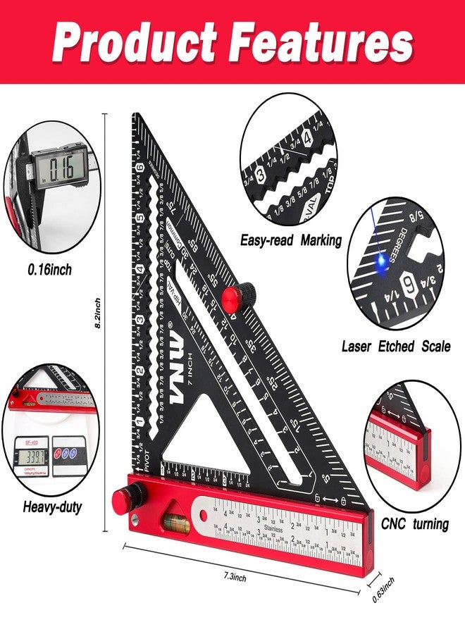 VNW 6 in 1 Rafter Square with Carpenter Pencil, 7in Rafter Square Multi-Purpose Carpenter Tools:Square,Protractor, 1/16" Precision Steel Ruler,Marking Gauge,T-Bevel Gauge,Bubble Level - Image 2