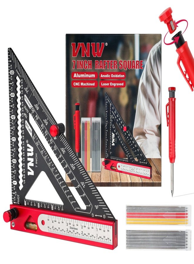 VNW 6 in 1 Rafter Square with Carpenter Pencil, 7in Rafter Square Multi-Purpose Carpenter Tools:Square,Protractor, 1/16" Precision Steel Ruler,Marking Gauge,T-Bevel Gauge,Bubble Level - Image 1