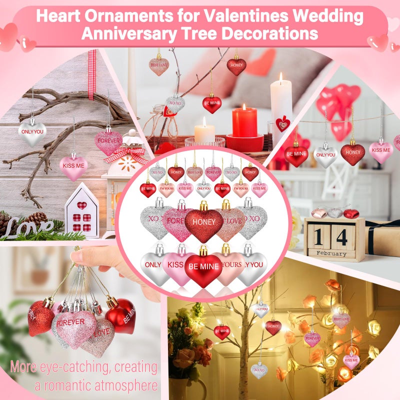 Cludoo 32PCS Valentines Tree Decorations Heart Ornaments, 8 Styles Valentines Day Heart Shaped Ornaments with Sweet Love Words Heart Baubles for Romantic Valentines Tree Decor Wedding Anniversary Decor - Image 4