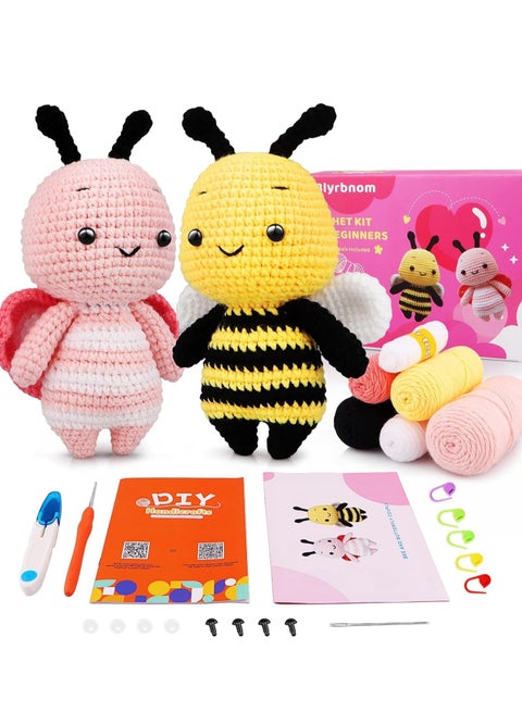 Crochet Kit for Beginners, Crocheting Animals Kits with Step-by-Step Video Tutorials, Knitting Starter Pack for Adults & Kids(Bee and Butterfly Couple)