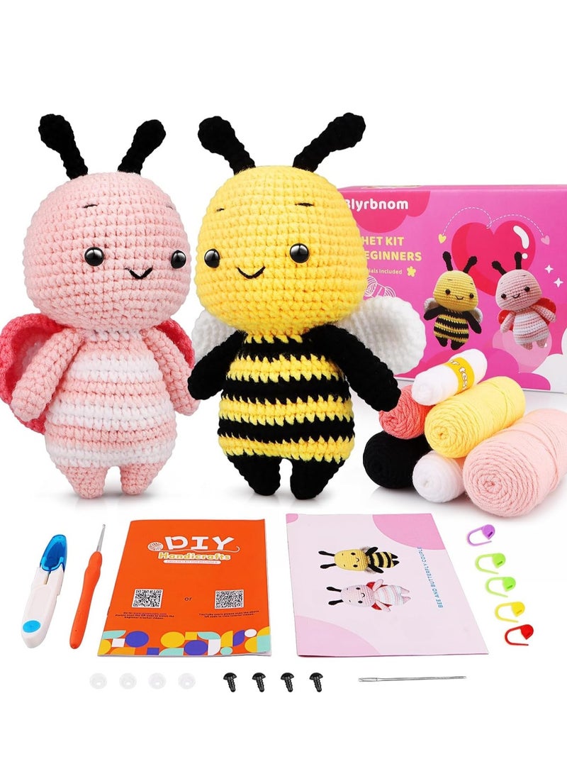 SYOSI Crochet Kit for Beginners, Crocheting Animals Kits with Step-by-Step Video Tutorials, Knitting Starter Pack for Adults & Kids(Bee and Butterfly Couple) - Image 1