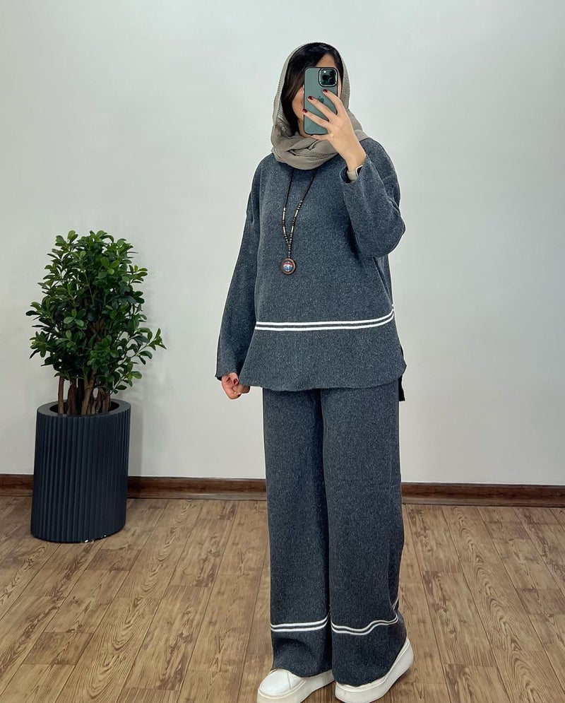 2023 Autumn Fashion Colorblock Knit Top Set Women Dark gray - Image 1