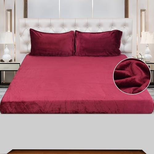 FRESH FROM LOOM All Side Elastic King Size Bedsheet |Premium Fitted Winter Soft Fur Bed Sheet with 2 Pillow Cover | Woollen Feel Bedsheet (Size - 78 x 72 Inches (Fit up to 8 Inch) | Maroon) - Image 1