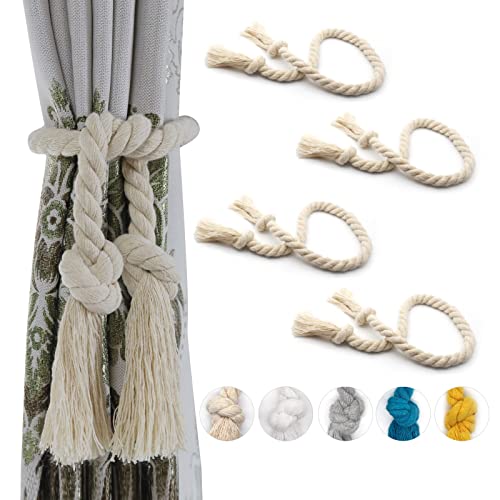 Yteseery 4 Pack Rope Curtain Tiebacks, Natural Cotton Curtain Holdbacks, Outdoor Curtain Tiebacks for Patio Gazebo Pergola Cabana, Decorative Curtain Tie for Rustic Farmhouse Village Theme, Beige - Image 1