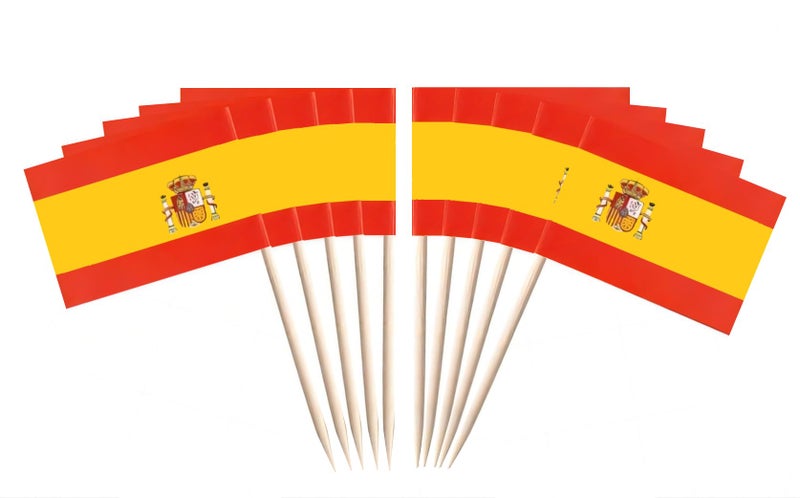 JAVD CYPS 100 Pcs Spain Flag Spanish Toothpick Flags Small Mini Stick Cupcake Toppers Spanish FlagsCountry Picks Party Decoration Celebration Cocktail Food Bar Cake Flags