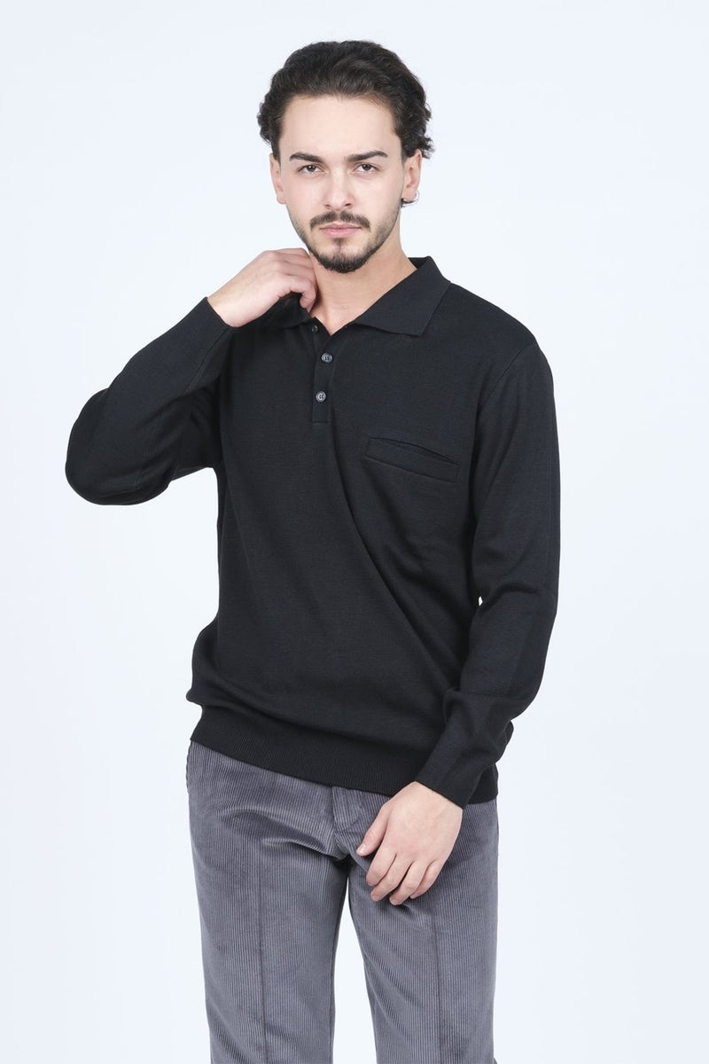 Ateş Triko Ateş Knitwear Men's Polo Collar Pocket Detailed Wool Sweater 6091023 Black  - Image 3