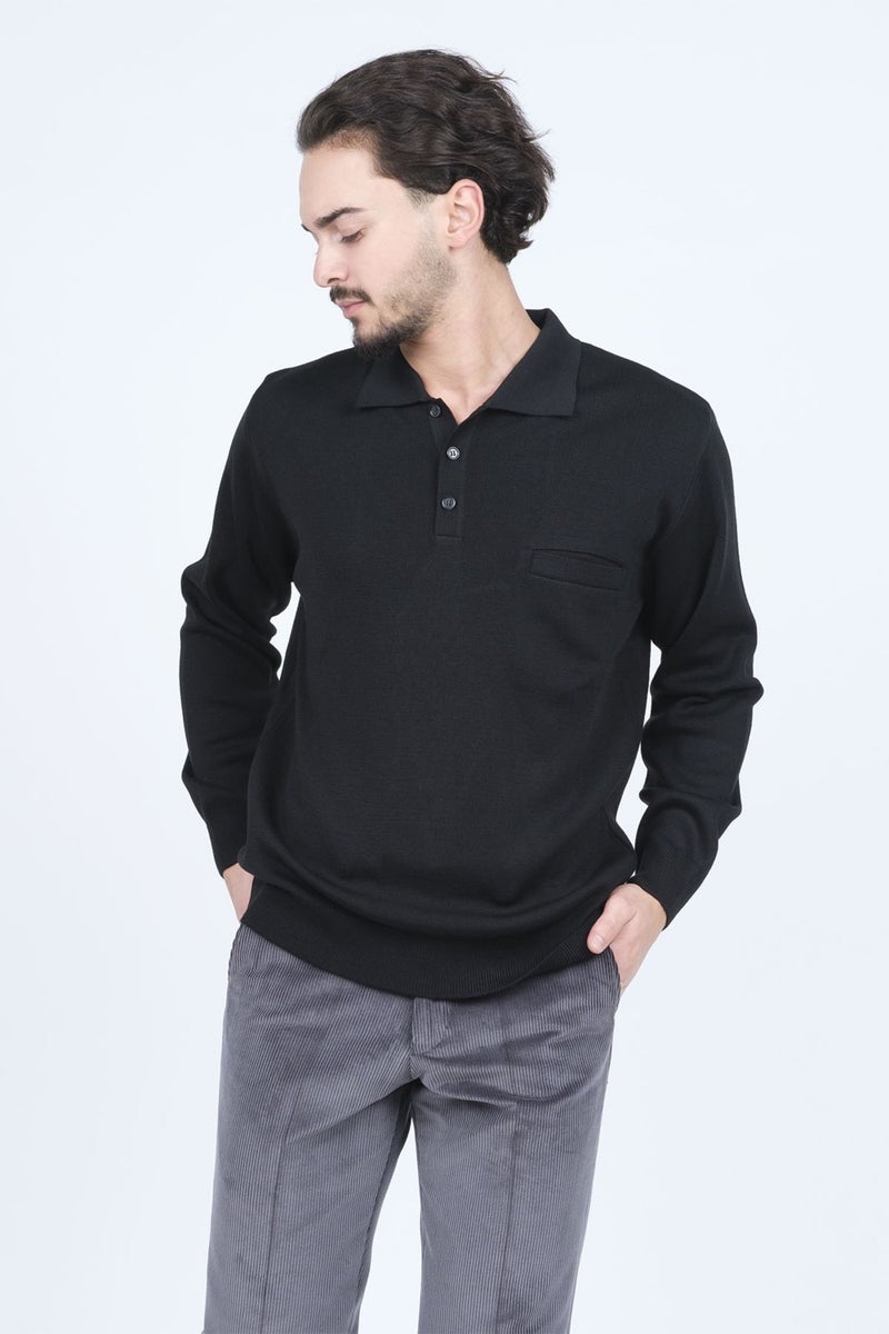 Ateş Triko Ateş Knitwear Men's Polo Collar Pocket Detailed Wool Sweater 6091023 Black  - Image 2