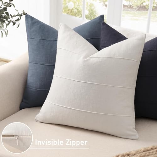 ZWJD Decorative Linen Throw Pillow Covers 20x20 Set of 2 Solid handcrafted Striped Cushion Covers for Bed Soft Modern Farmhouse Neutral Pillowcase for Couch Bedroom Living Room Home DecorCream White - Image 3