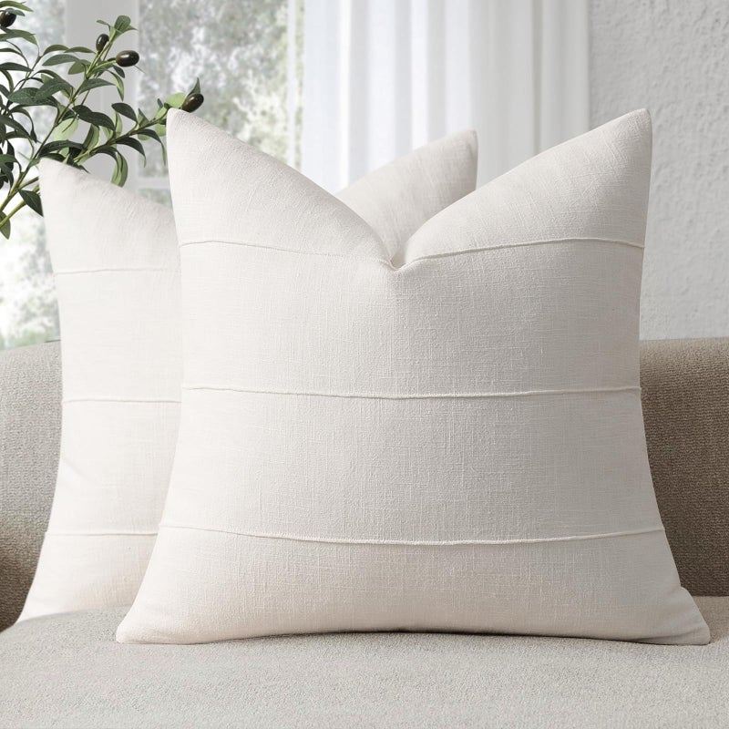 ZWJD Decorative Linen Throw Pillow Covers 20x20 Set of 2 Solid handcrafted Striped Cushion Covers for Bed Soft Modern Farmhouse Neutral Pillowcase for Couch Bedroom Living Room Home DecorCream White - Image 2