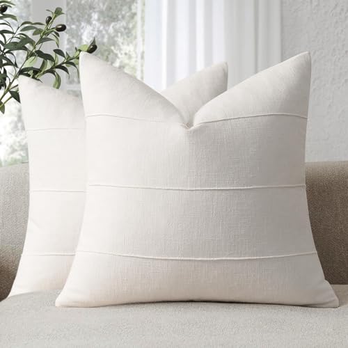 ZWJD Decorative Linen Throw Pillow Covers 20x20 Set of 2 Solid handcrafted Striped Cushion Covers for Bed Soft Modern Farmhouse Neutral Pillowcase for Couch Bedroom Living Room Home DecorCream White - Image 1