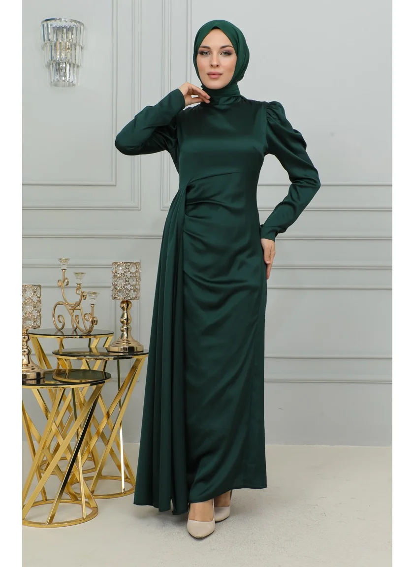 Sefa Merve Pleated Detailed Satin Evening Dress 6154-05 Emerald Green