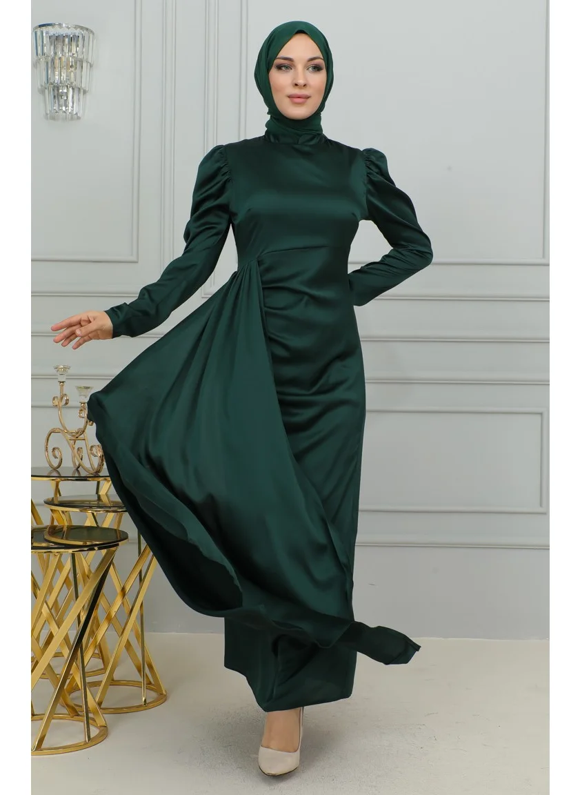 Sefa Merve Pleated Detailed Satin Evening Dress 6154-05 Emerald Green