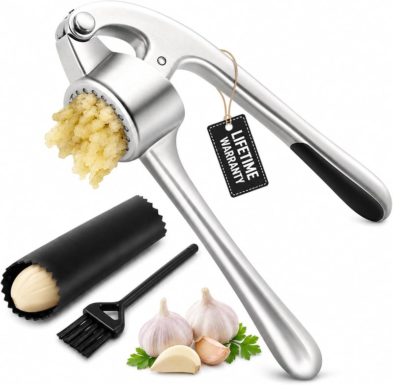 CUNSENR Garlic Press Set, Premium Rust Proof Garlic Mincer Tool with Ergonomic Handle, Easy Squeeze & Easy Clean Garlic Crusher, Dishwasher Safe with Silicone Peeler and Brush -  Silver - Image 1