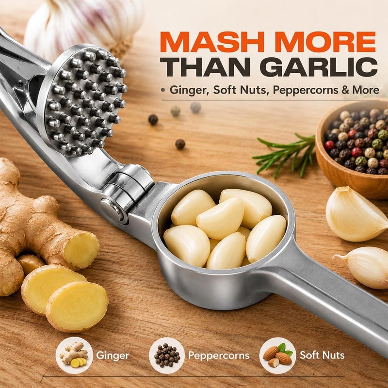 CUNSENR Garlic Press Set, Premium Rust Proof Garlic Mincer Tool with Ergonomic Handle, Easy Squeeze & Easy Clean Garlic Crusher, Dishwasher Safe with Silicone Peeler and Brush -  Silver - Image 4