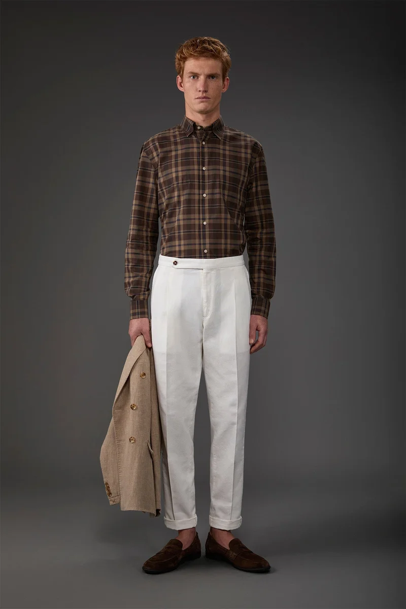 دوبل غانغر Men's concealed button down casual shirt in checked washed muslin fabric - Brown
