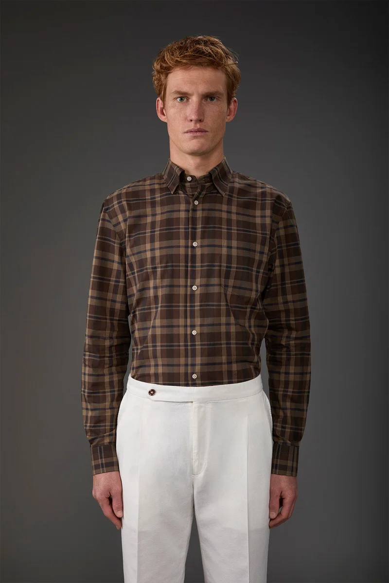 دوبل غانغر Men's concealed button down casual shirt in checked washed muslin fabric - Brown