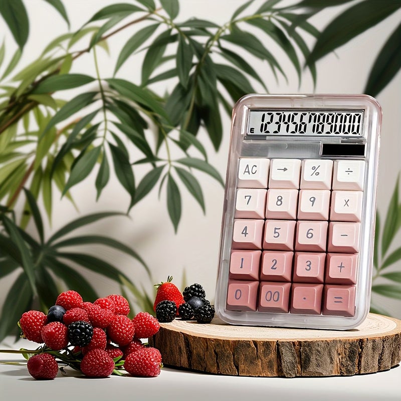 1 قطعة آلة حاسبة ميكانيكية مكتبية بزر واحد، 12 خانة، شاشة LCD كبيرة، طاقة مزدوجة (شمسية وبطارية)، آلة حاسبة شفافة ملونة تشبه الحلوى، أزرار كبيرة سهلة الضغط، إغلاق تلقائي، للمكتب والمدرسة والمنزل، لون وردي، البطارية غير متضمنة. - Image 5