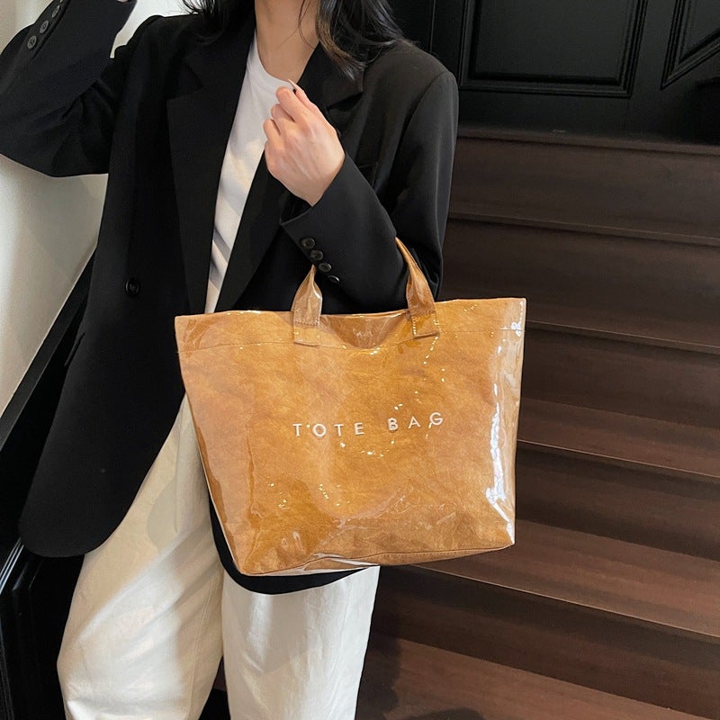 Spring And Simple Jelly Leather Fashionable Large Capacity Tote Bag Commuter All-Match Kraft Paper Texturous Handbag - Image 2