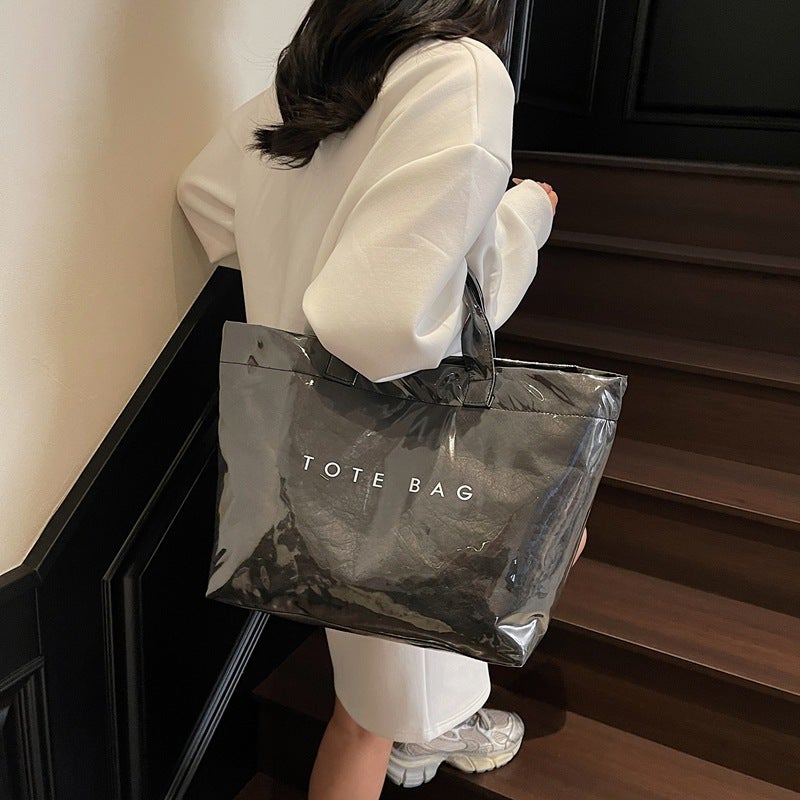 Spring And Simple Jelly Leather Fashionable Large Capacity Tote Bag Commuter All-Match Kraft Paper Texturous Handbag - Image 3
