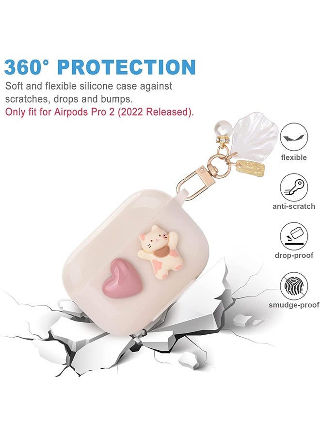 Peachjoy Cute Kawaii for AirPod Pro 2 Case with Shell Pearl Keychain, Love Heart Cat Design Silicone TPU Cover Compatible with AirPods Pro 2nd Generation 2022, Case for Women and Girls - Image 2