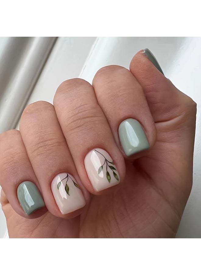 24 Pcs Glossy Short Square Press On Nails Pinkish And Green False Nails With Leaf Pattern Reusable Acrylic Fake Nails - Image 1