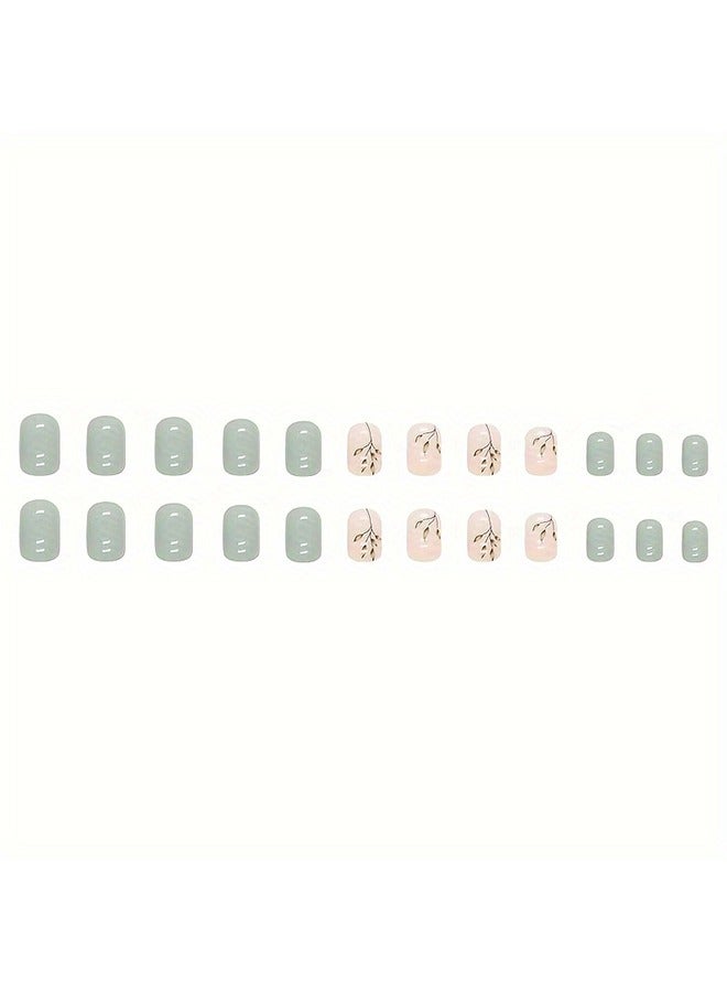 24 Pcs Glossy Short Square Press On Nails Pinkish And Green False Nails With Leaf Pattern Reusable Acrylic Fake Nails - Image 2